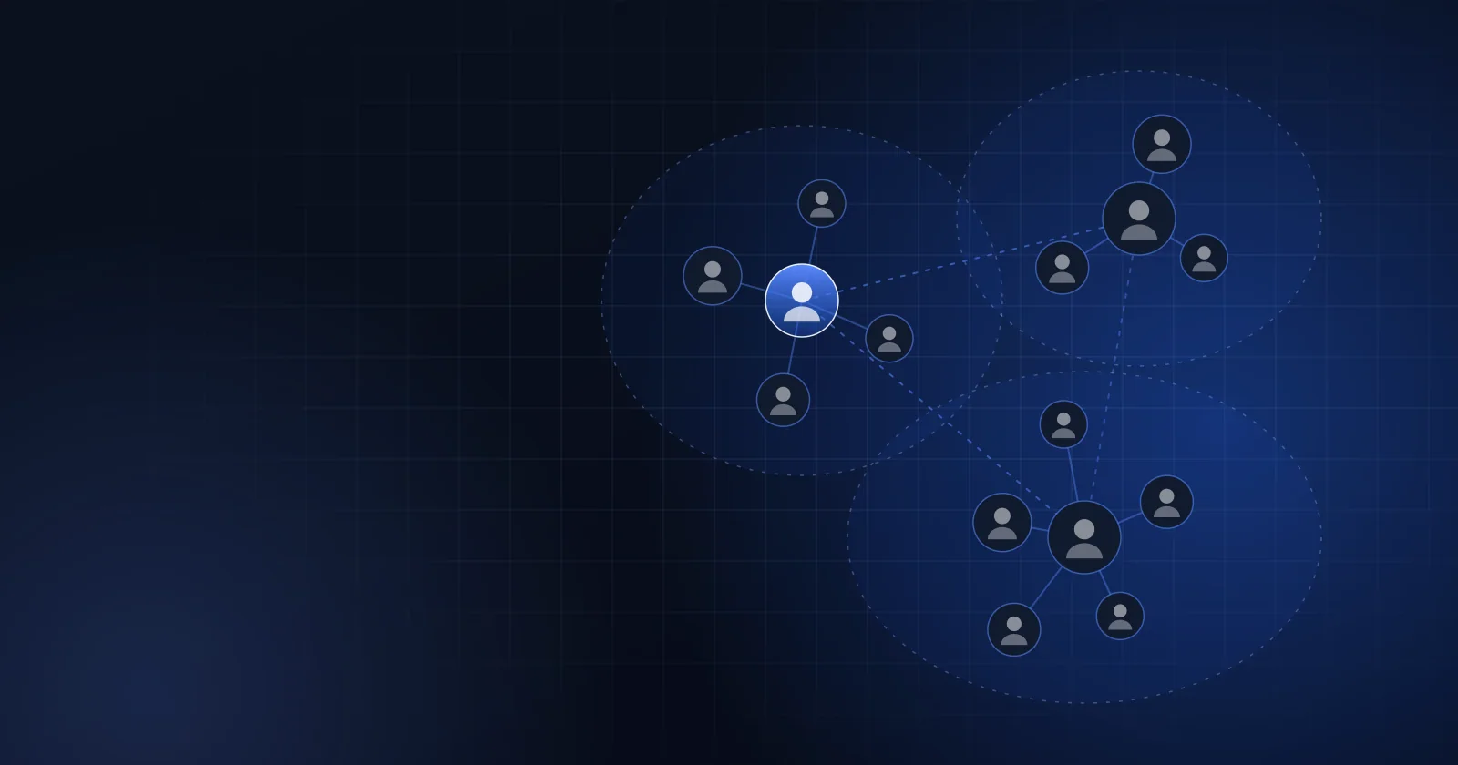 Composição abstrata em azul escuro, com perfis genéricos reunidos em três grupos conectados por linhas luminosas, sugerindo a segmentação de clientes em personas.