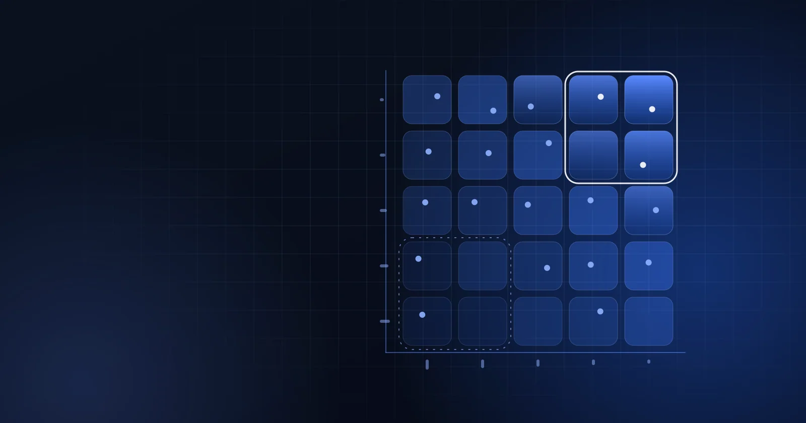 Composição abstrata em azul escuro, com uma matriz de cinco por cinco células em tons de azul e dois grupos destacados, sugerindo a segmentação de clientes por RFV.