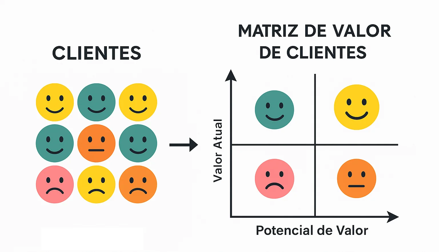 Diagrama em que clientes, representados por carinhas de humores diferentes, são organizados em uma matriz de valor com os eixos Valor atual e Potencial de valor.
