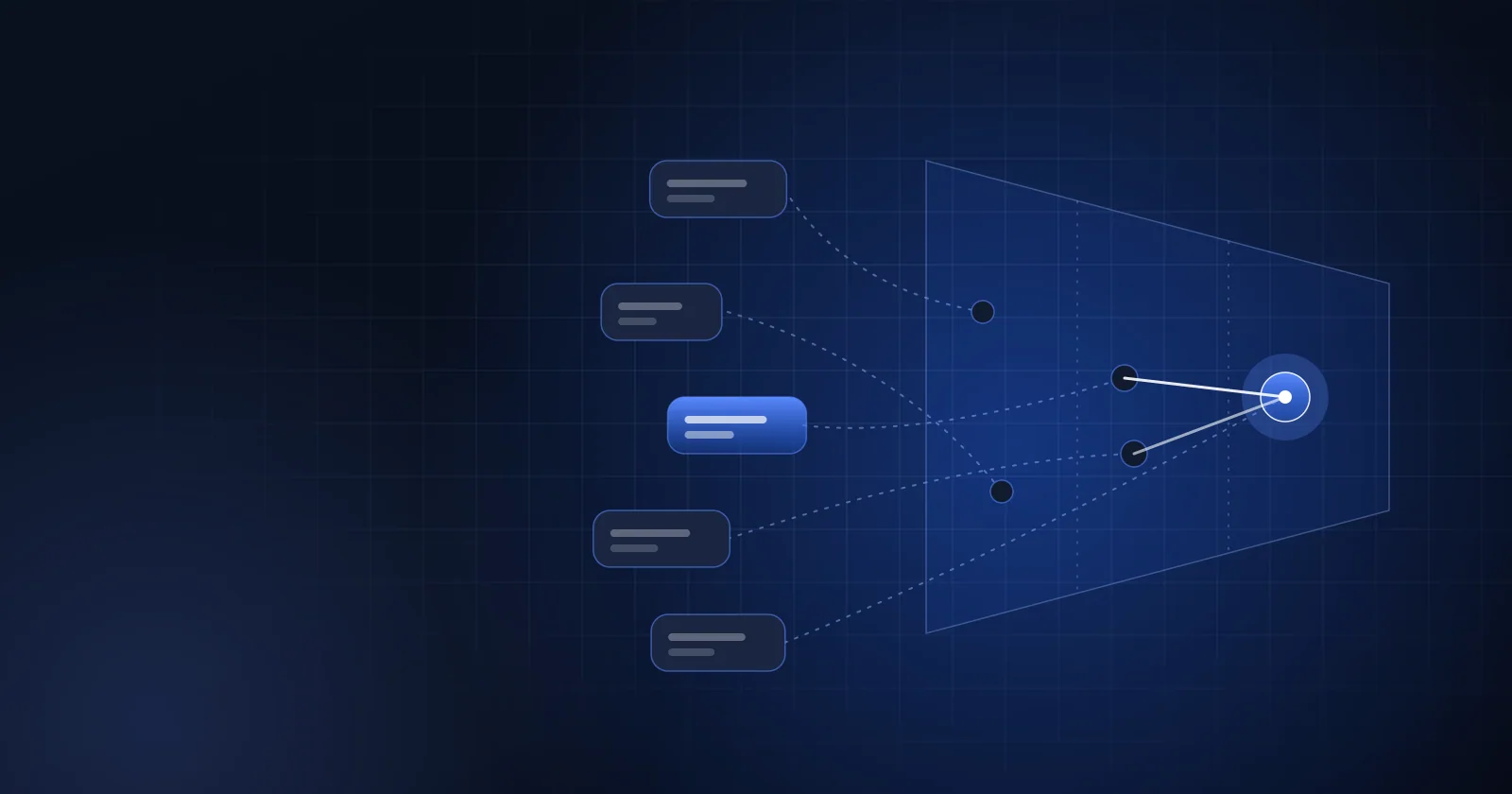 Composição abstrata em azul escuro, com balões de conversa à esquerda convergindo para um funil luminoso que termina em um ponto de destaque, sugerindo conversas que entram em um fluxo comercial.