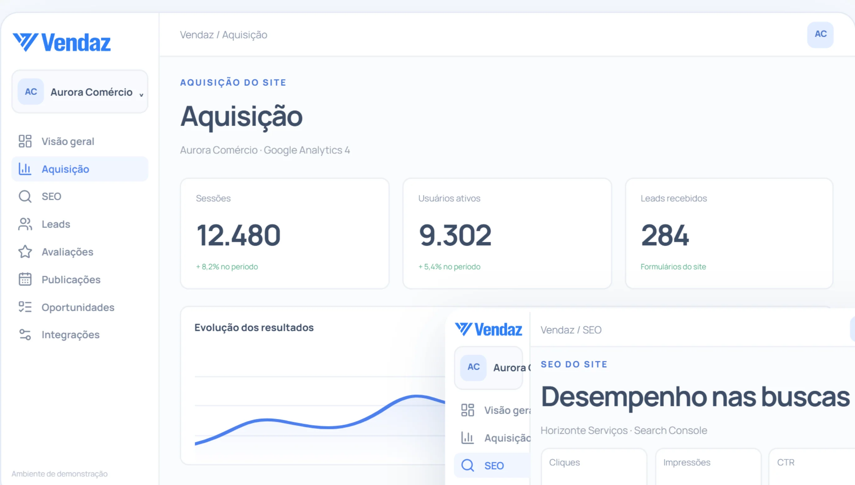 Captura de demonstração do módulo aquisição do Vendaz, com dados inteiramente fictícios