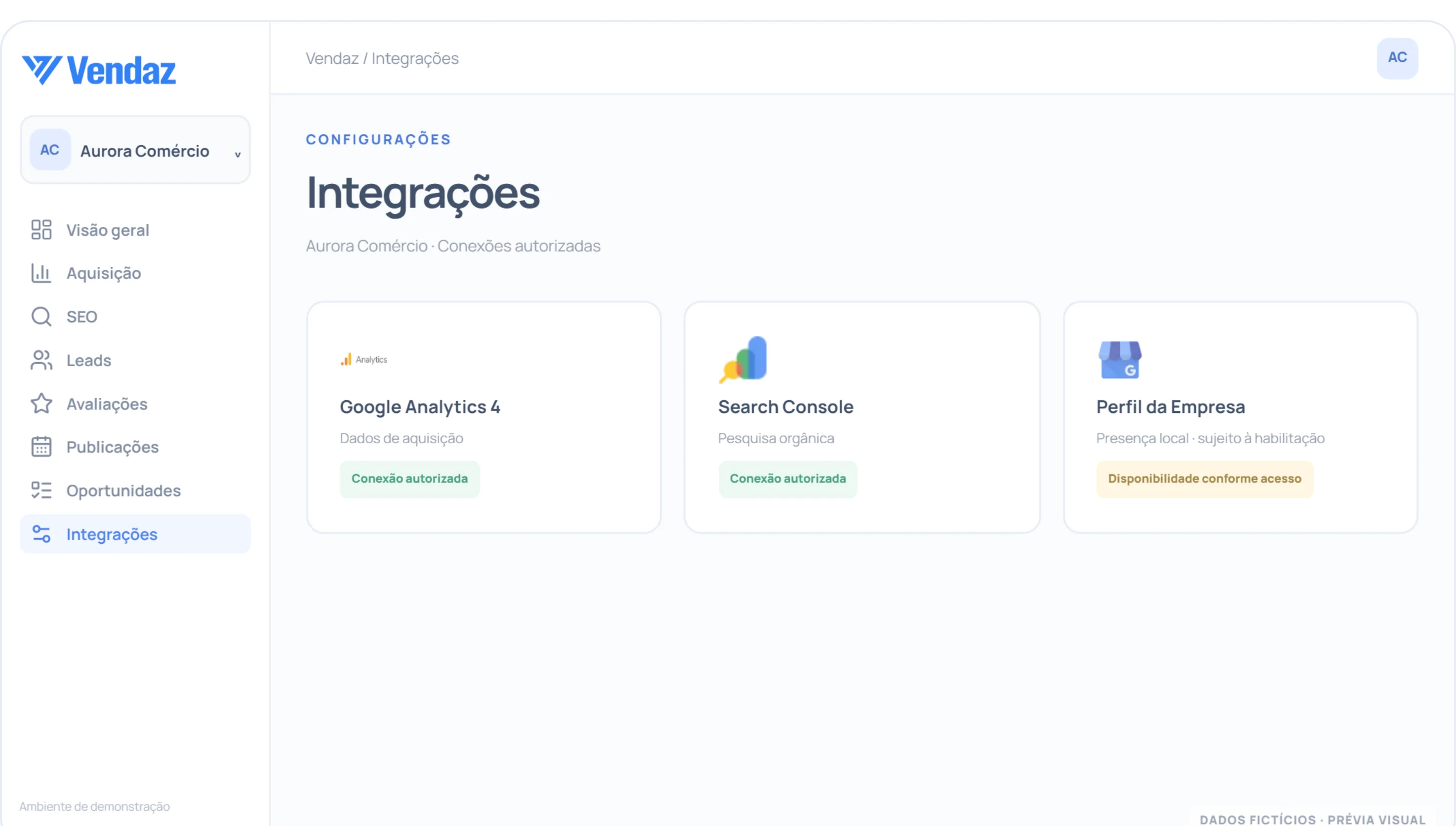 Captura de demonstração do módulo integrações do Vendaz, com dados inteiramente fictícios