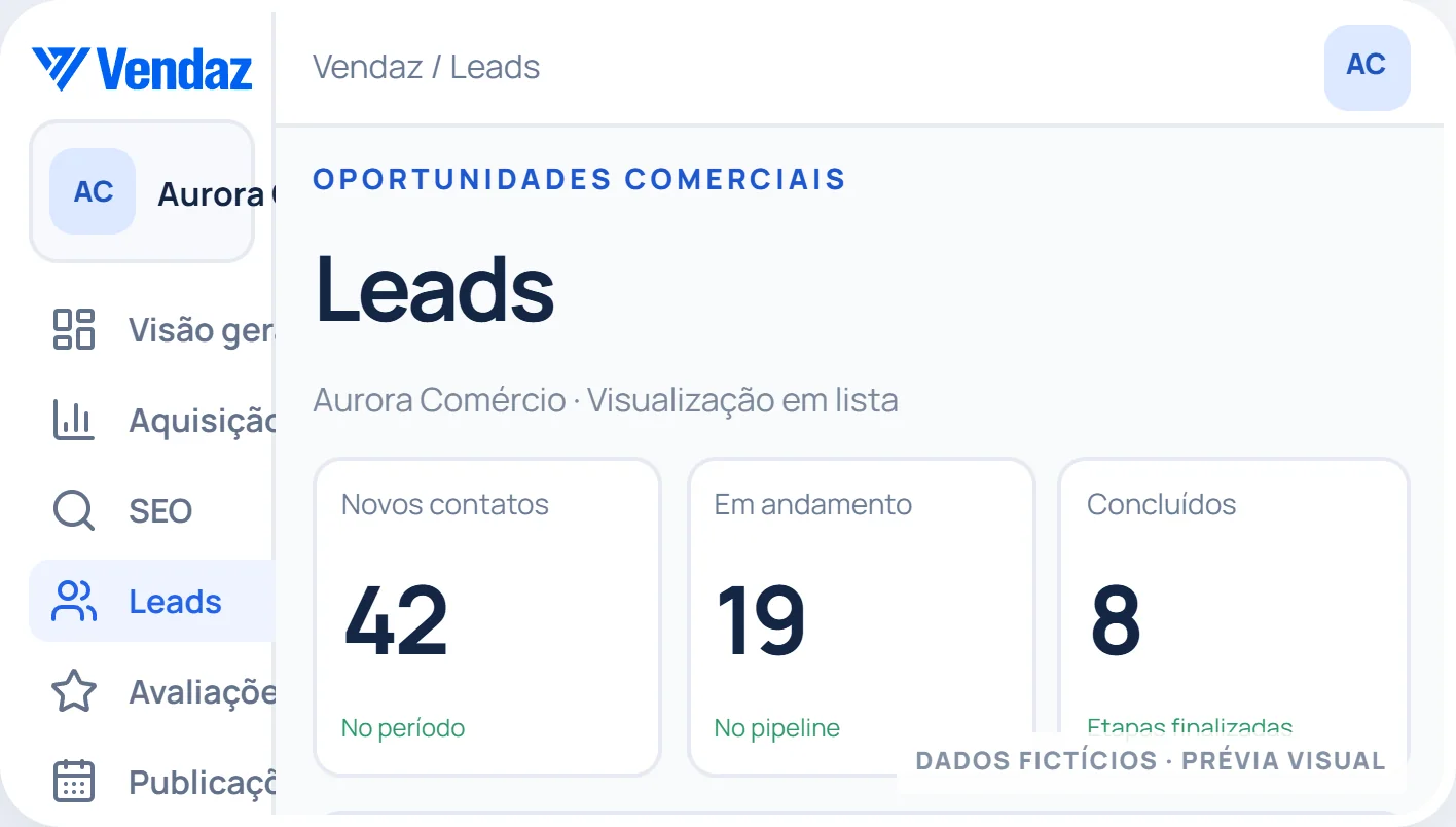 Captura de demonstração do módulo Leads em lista do Vendaz, com dados inteiramente fictícios
