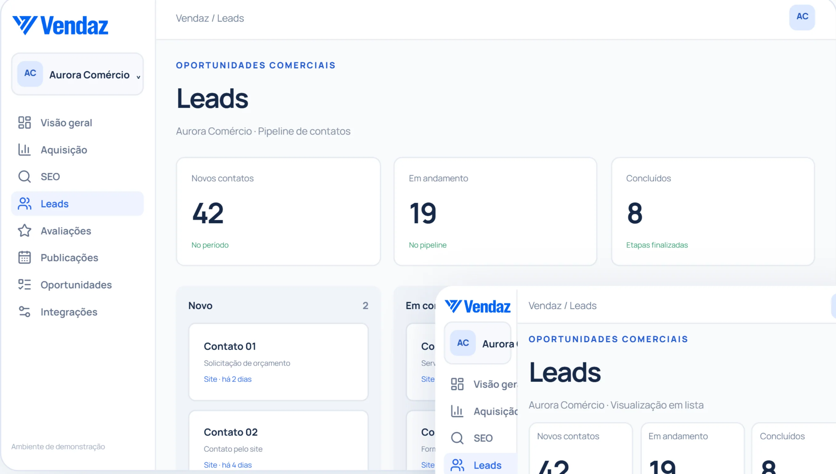 Captura de demonstração do módulo Leads em Kanban do Vendaz, com dados inteiramente fictícios