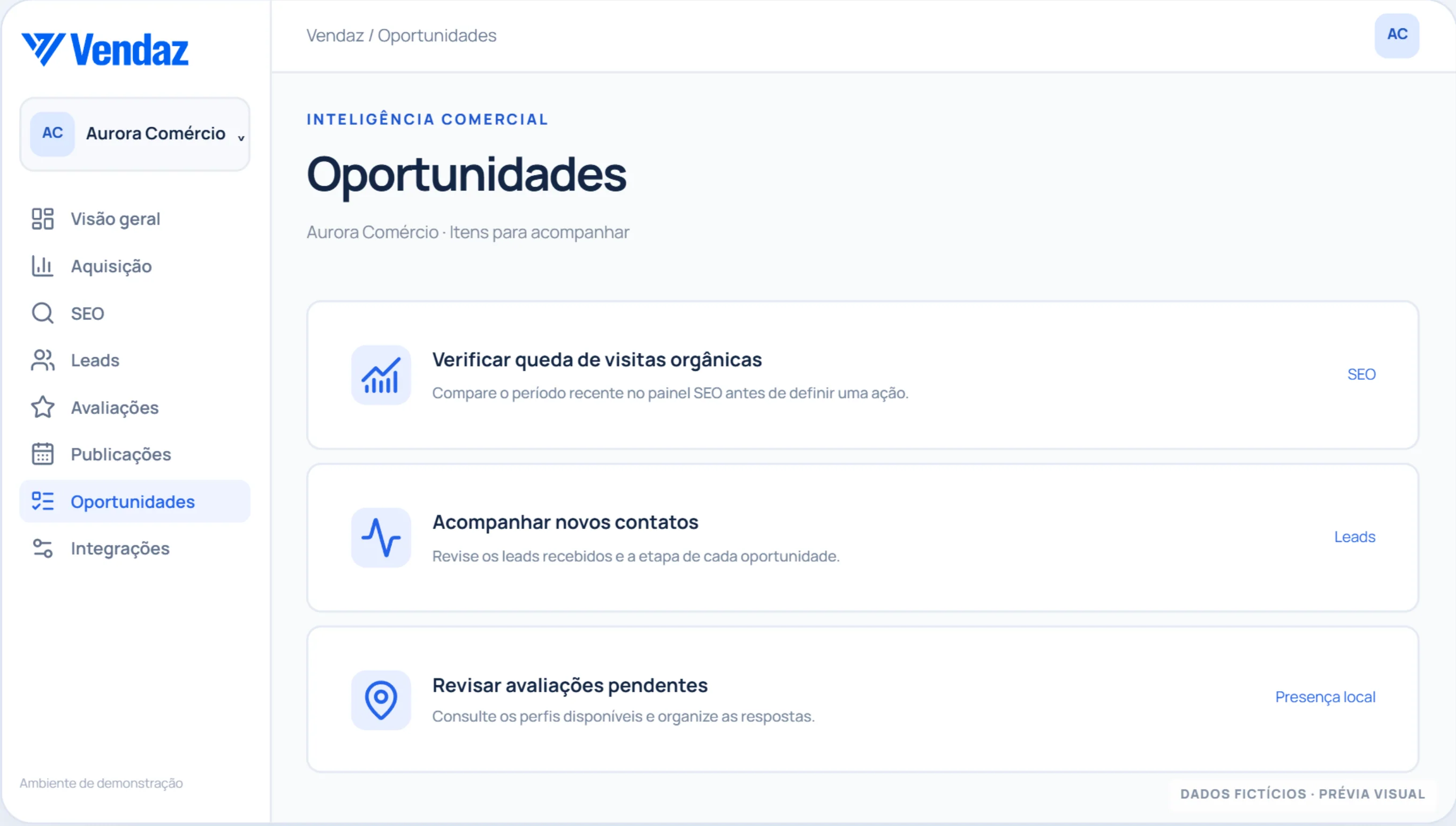 Captura de demonstração do módulo oportunidades do Vendaz, com dados inteiramente fictícios