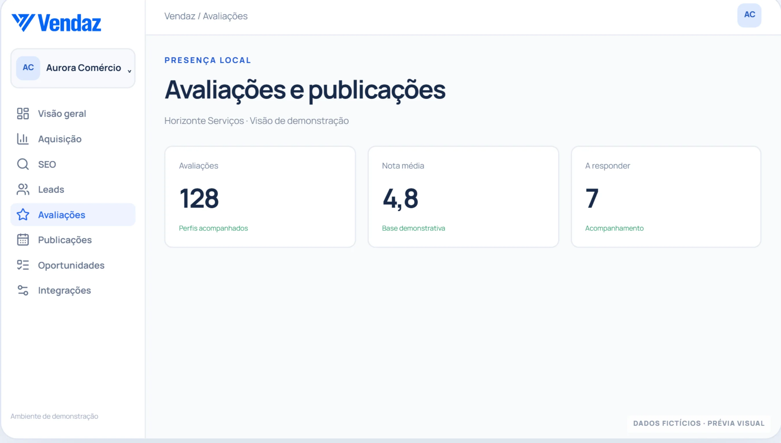 Captura de demonstração do módulo avaliações e calendário do Vendaz, com dados inteiramente fictícios