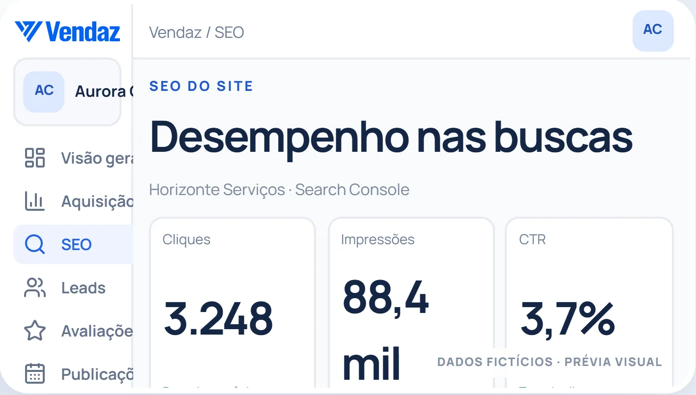 Captura de demonstração do módulo SEO e Search Console do Vendaz, com dados inteiramente fictícios